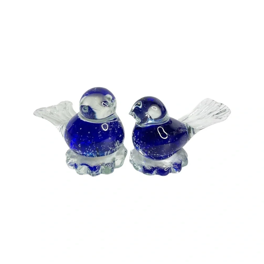 Vintage (2) small Snowflakes blue bird blown clear glass figurines.